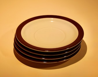 Juego de platos de gres vintage – Borde crema y marrón pintado a mano, Corea, años 70