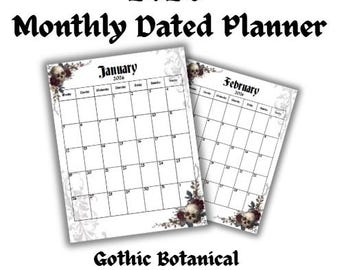 2026 Gothic Botanische Schädel & Rosen Monatsplaner | Druckbarer einseitiger Kalender | Digitaler Download