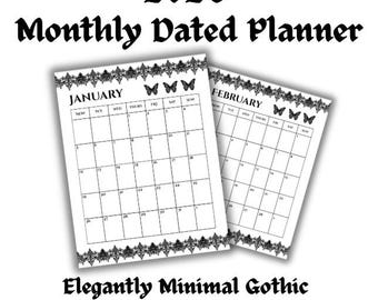 2026 Monatsplaner Printable | Minimaler Gotischer Schmetterlings-Kalender | Schwarzer eleganter digitaler Planer