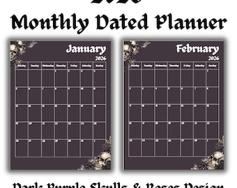 2026 Dark Purple Gothic Schädel Monatsplaner | Druckbarer einseitiger Kalender | Digitaler Download