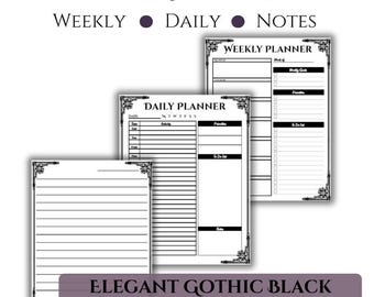 Planer Add-On Printable | Elegante Gothic Schwarz | Wöchentlich tägliche Notizen Beilagen - Digital Download