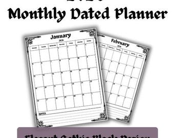 2026 Eleganter Gothic Schwarz Monatsplaner | Druckbarer einseitiger Kalender | Digitaler Download
