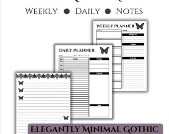 Planer Add-On Printable | Eleganter Minimal Gothic Schmetterling | Wöchentliche Tages Notizen Seiten