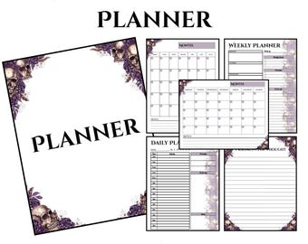 Undatierte Monatsplaner | Lila Gothic Schädel & Rosen | Digitale Kalenderblätter