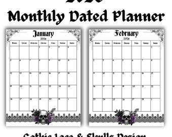 2026 Gothic Lace & Skulls Monatsplaner | Druckbarer einseitiger Kalender | Digitaler Download