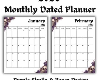 2026 Lila Gothic Schädel Monatsplaner | Druckbarer einseitiger Kalender | Digitaler Download