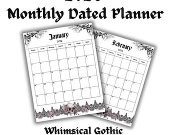 2026 Wunderlicher Gothic Lace & Skulls Monatsplaner | Druckbarer einseitiger Kalender | Digitaler Download