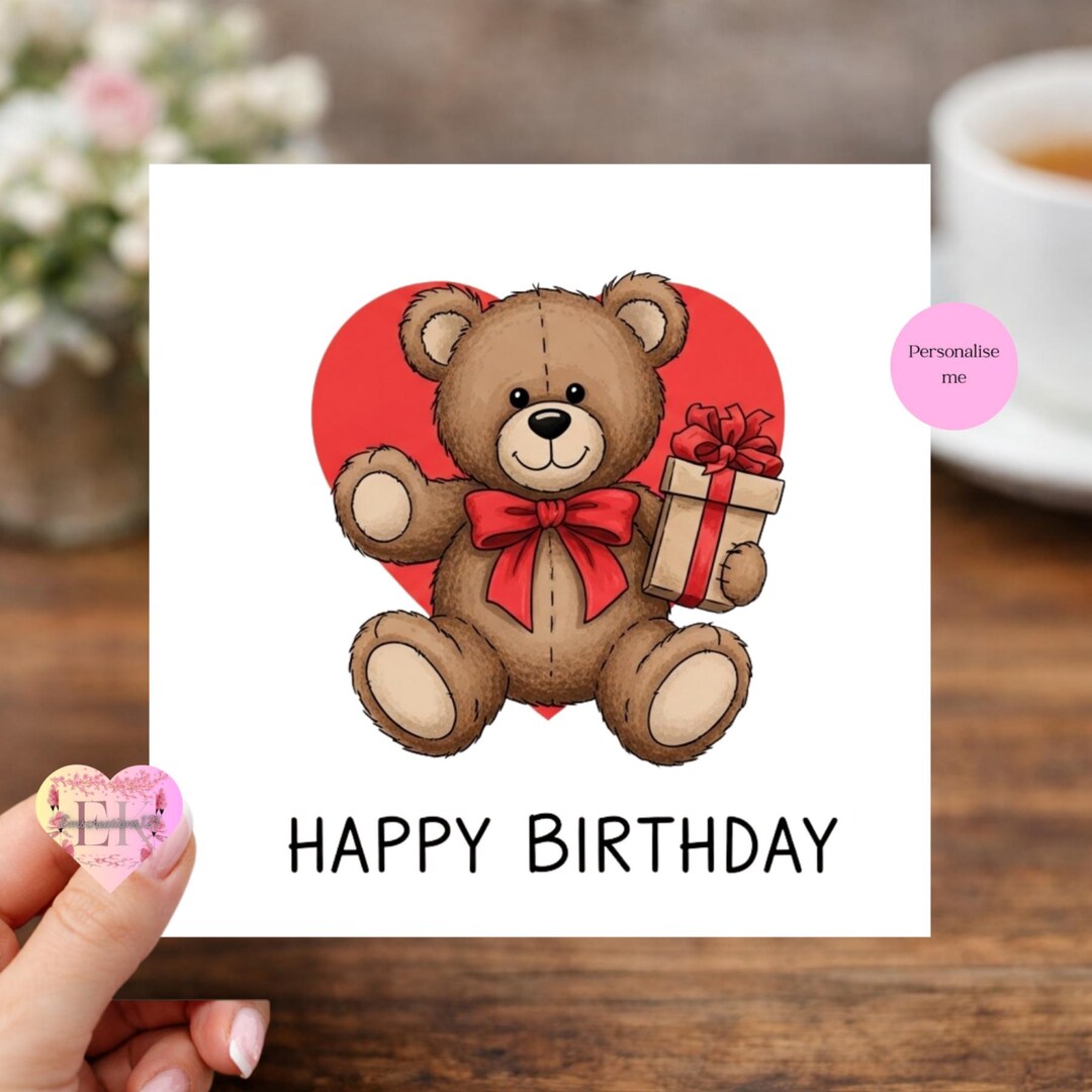 happy birthday teddy bear cards Images High Quality... Teddy Bear Birthday Card| Greeting Card With Kraft Envelope - Etsy