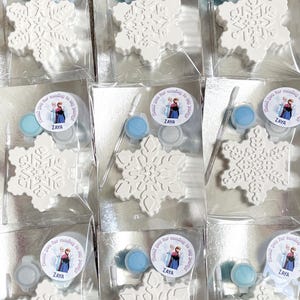 May include: Nine paint-your-own snowflake kits. Each kit contains a white snowflake-shaped plaster figure, two small paint pots, a paintbrush, and a sticker with the name "ZAYA" and a "Frozen" theme.