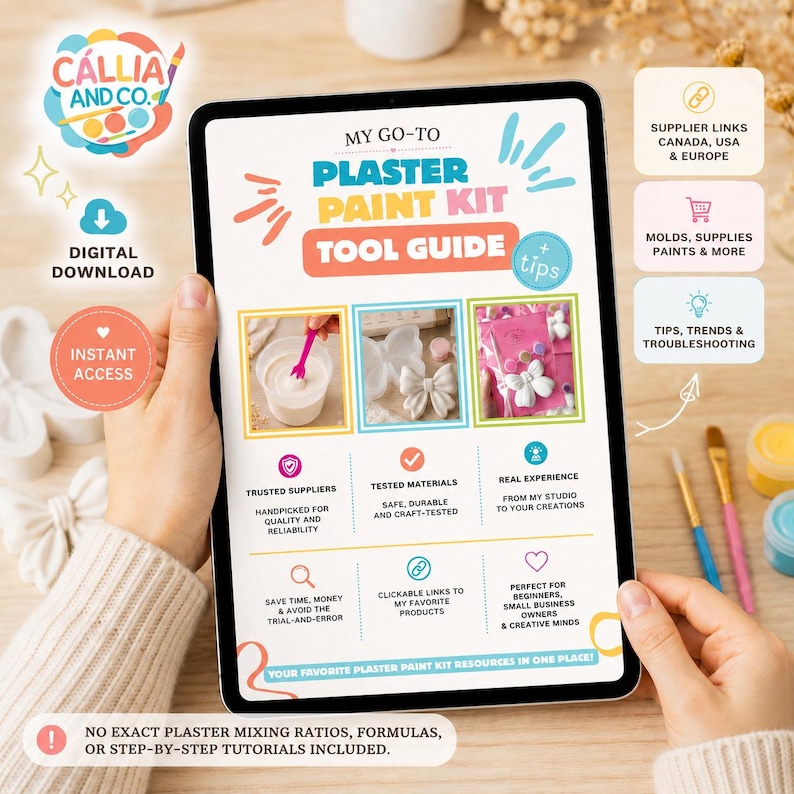 May include: A digital tablet displaying a guide titled My Go-To Plaster Paint Kit Tool Guide. The screen features text, icons, and three inset images showing plaster mixing, a butterfly mold, and finished painted plaster butterfly shapes.