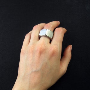 Hexagonal nut ring, stainless steel band, sizes 6 - 10.5, modern industrial hardware jewelry
