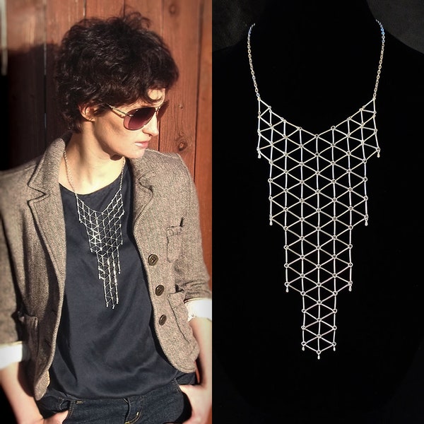 Geometric bib necklace, modern minimalist statement link grid necklace