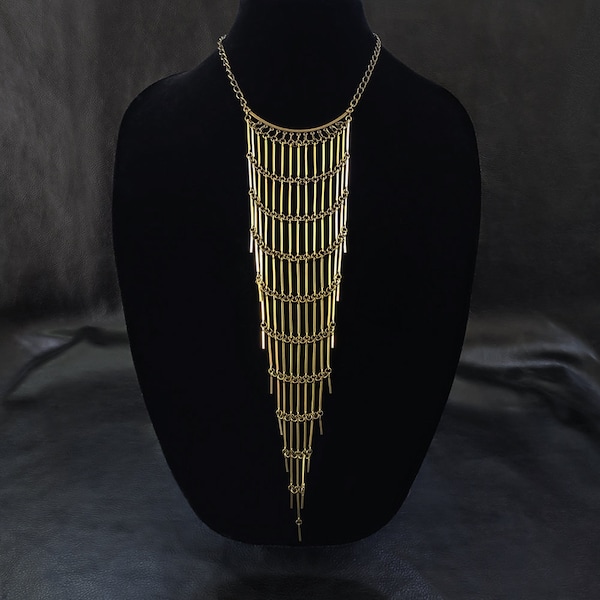 Statement bib necklace, modern minimalist geometric mixed metal raw brass and antique brass tone necklace