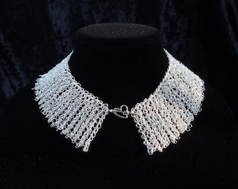 Wire crochet necklace, silver plated wire mesh peter pan collar choker, bridal jewelry