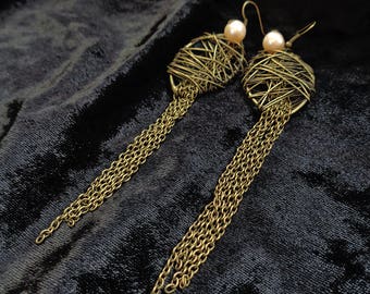 Boho statement earrings, pink pearl bronze tone chain tassel shoulder dusters