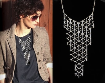 Geometric bib necklace, modern minimalist statement link grid necklace