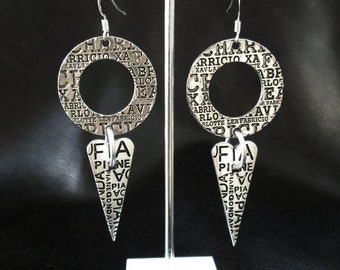 Modern statement earrings, silver tone text print hoop and heart dangle earrings