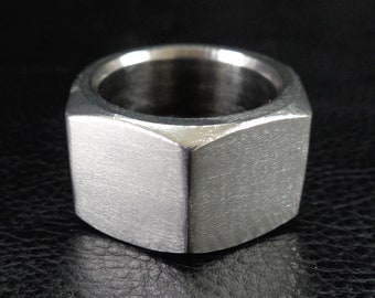 Hex nut ring, industrial modern geometric unisex stainless steel hexagon ring, sizes 11 - 14