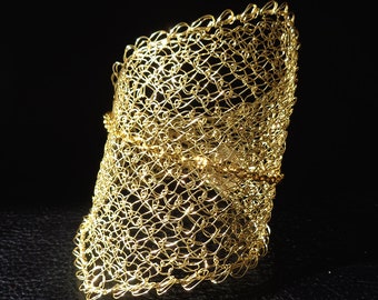 Wire crochet bracelet, statement asymmetric modern gold tone wire mesh cuff bracelet, bridal jewelry, gift for her