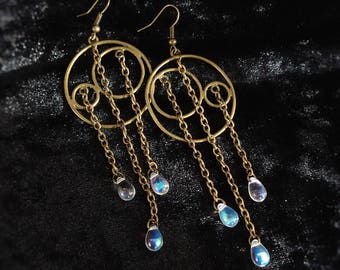 Geometric chandelier earrings, modern statement oversized shoulder dusters, moonstone glass dangle hoop earrings