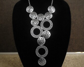Statement bib necklace, modern geometric chunky silver tone necklace