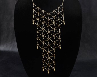 Geometric bib necklace, antique brass tone, modern statement necklace, link grid bib necklace