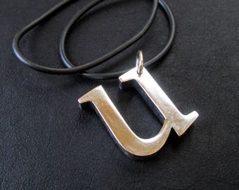 Letter U necklace, modern unisex monogram necklace, chunky silver tone letter pendant, monogram gift