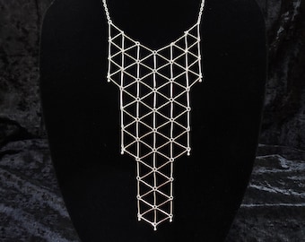 Geometric bib necklace, minimalist statement silver tone geo bib necklace