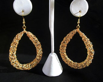 Statement hoop earrings, gold tone wire crochet mesh shoulder dusters