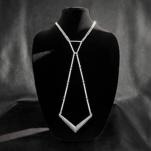 Statement tie necklace, minimalist silver tone geometric unisex necklace
