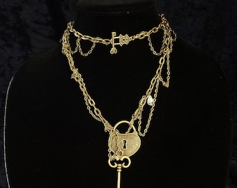 Boho Victorian Heart Lock and Key Necklace: Asymmetric Charm Sautoir