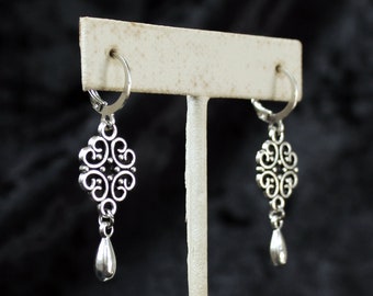 Filigree drop earrings, small silver tone Victorian style dangle earrings