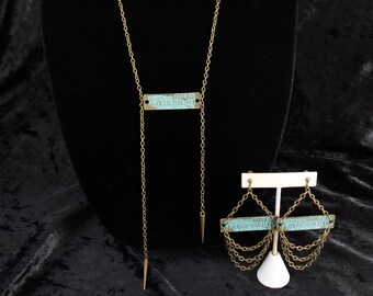 Modern industrial jewelry set, bronze and verdigris color barcode and spike necklace and earrings