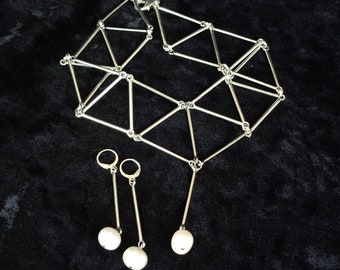 Minimalist jewelry set, geometric choker and earrings with genuine fresh water pearl