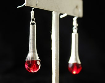 Modern dangle earrings, blood red glass drop earrings