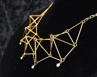 Modern geometric necklace, gold tone minimalist 3d bib necklace
