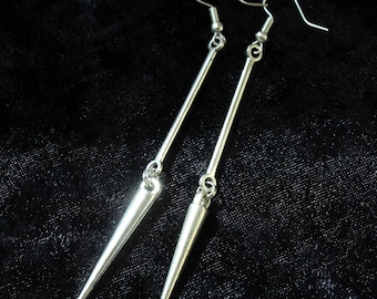 Minimalist spike earrings, modern silver tone shoulder dusters, long dangle earrings