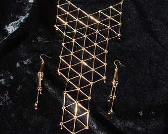 Gold Geometric Bib Necklace and Dangle Earrings Set