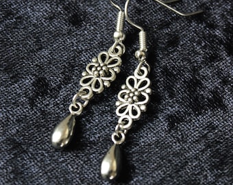 Filigree drop earrings, small silver tone Victorian style dangle earrings