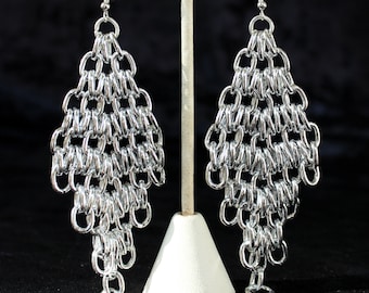 Statement chainmail earrings, boho chic silver tone aluminum shoulder dusters