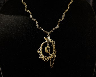 Victorian charm necklace, ornate vintage style antique bronze moon charm necklace