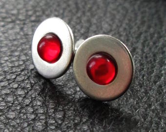 Red stud earrings, round silver tone earrings, modern industrial hardware washer earrings, small unisex earrings, geometric