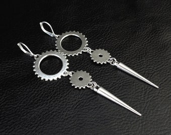 Statement spike earrings, modern industrial steampunk silver tone cogwheel shoulder dusters