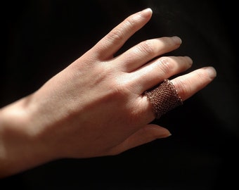 Crochet Copper Wire Ring, Handmade Mesh Band