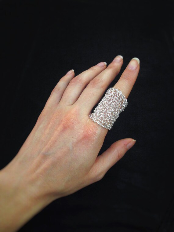 Silver Adjustable Ring, Wire Crochet Ring, Handmade Statement Ring 