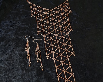 Modern jewelry set, geometric statement copper tone bib necklace and dangle earrings, gifts for her