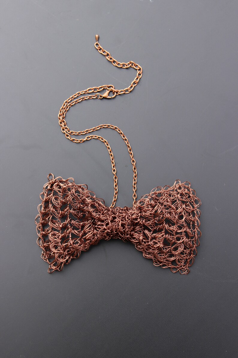 Bow tie necklace gold wire crochet unisex bow tie wire mesh Antique copper