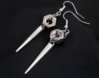 Nut spike earrings, silver tone industrial edgy hardware hex nut spike drop earrings