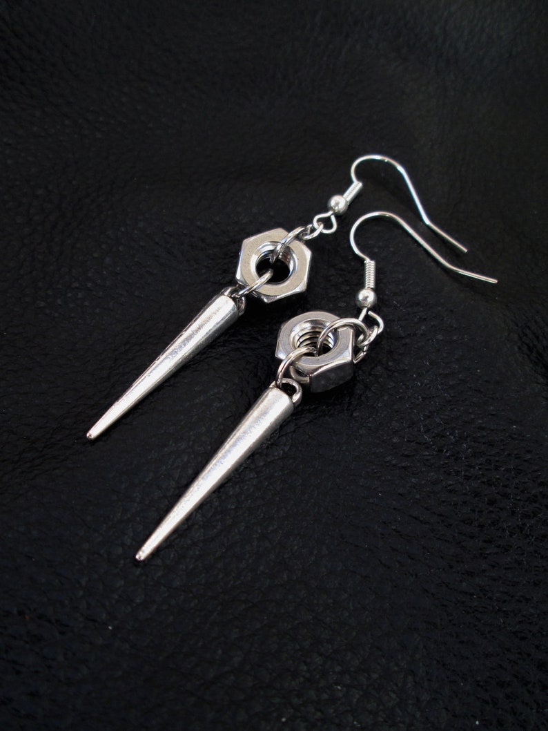 Nut spike earrings, silver tone industrial edgy hardware hex nut spike drop earrings image 1