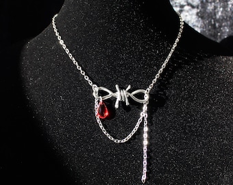 Goth Halloween necklace, barbed wire blood drop necklace